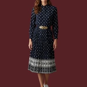VTG BRELI 1980s Preppy Sailor Polka Dot Accordian Belted Midi Shirt Power Dress
